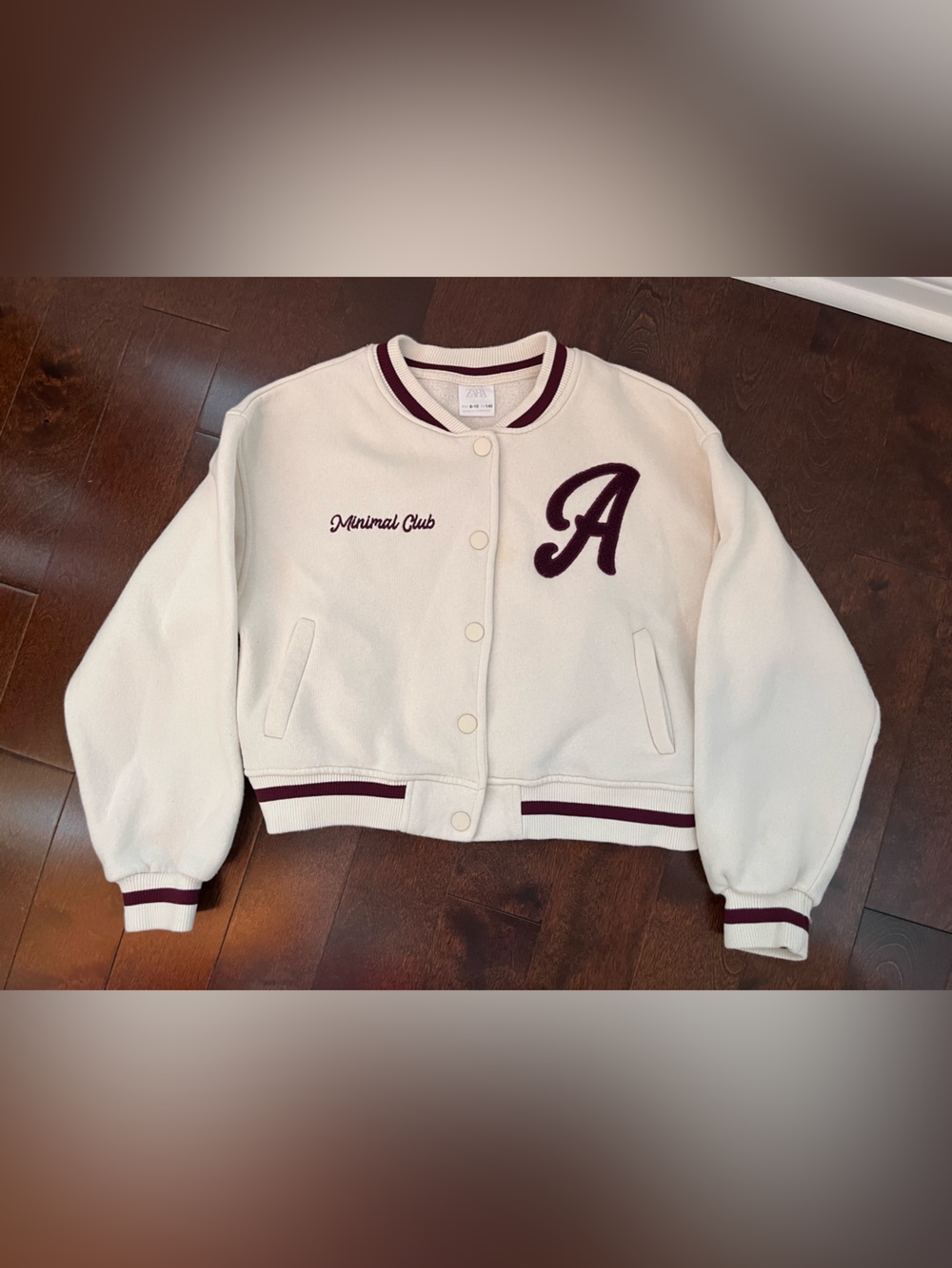 Zara Cream Varsity Jacket with dark burgendy Trim